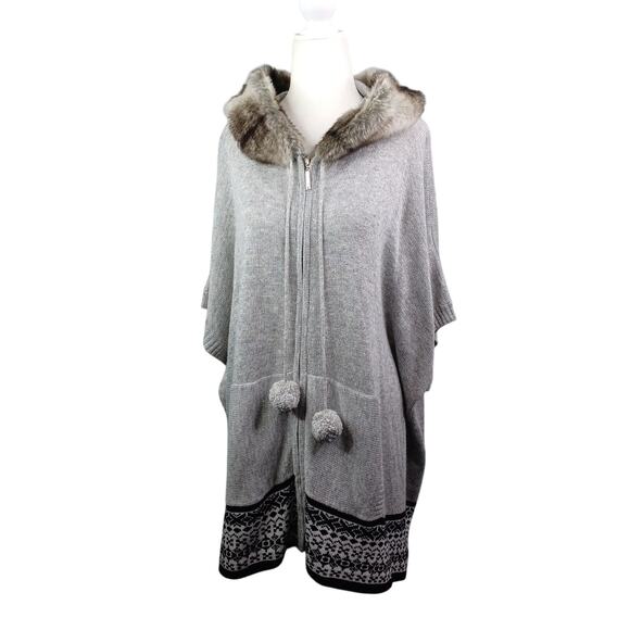 BCBG Maxazria Hooded Poncho Sweater Womens S/M Gray Full Zip Faux Fur Oversized - Picture 1 of 13